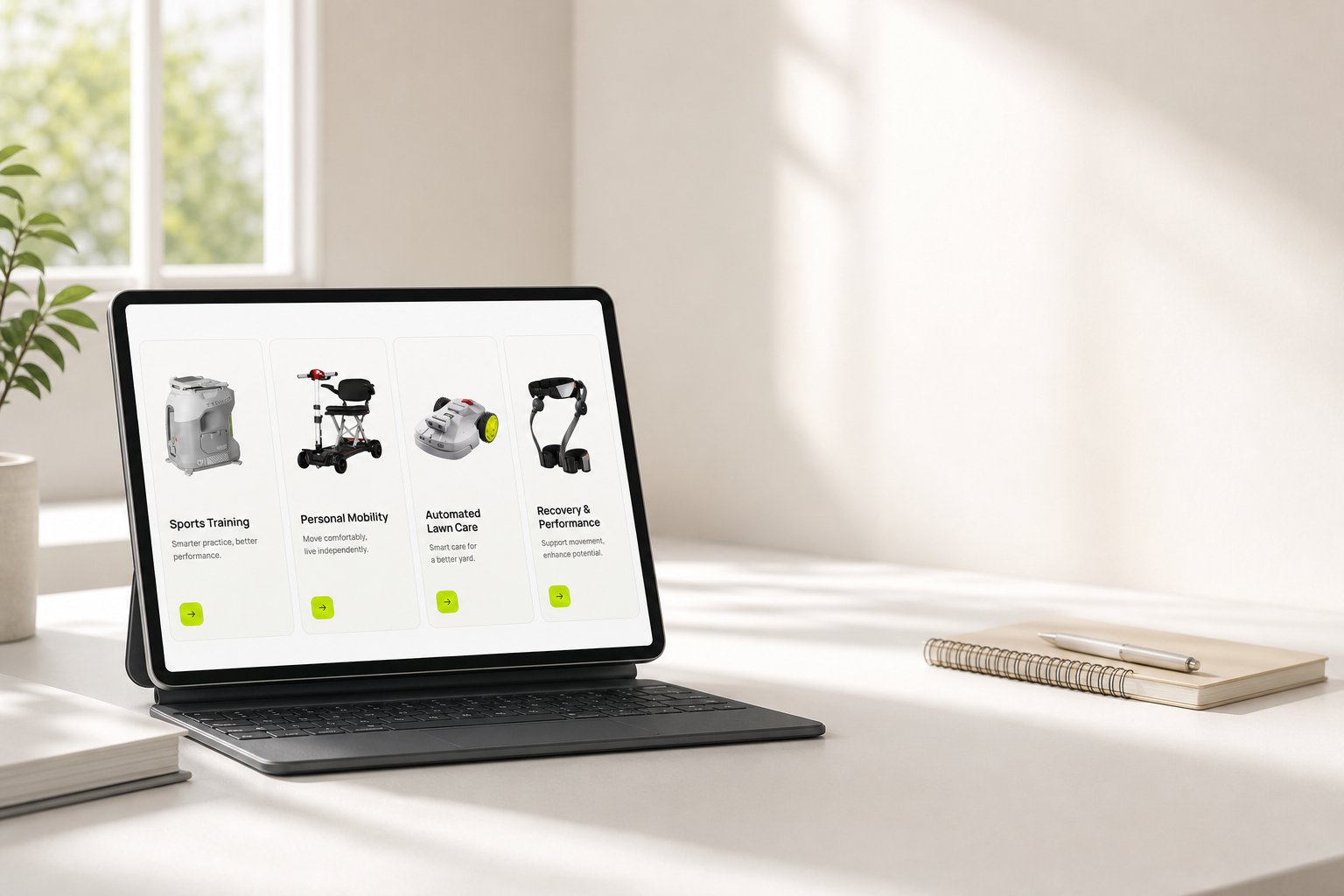 Mooov product selection scene with training, mobility, recovery, and automated lawn care products