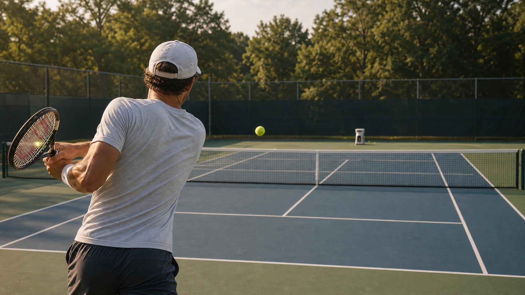 Tennis player training with a Tenniix ball machine near the opposite baseline